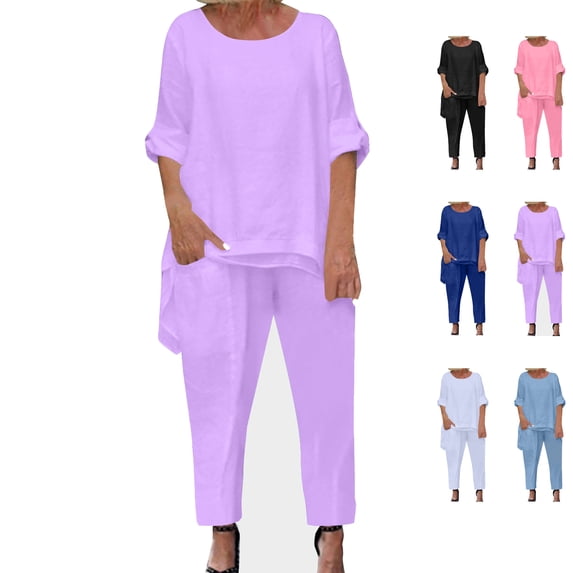 Fashion Plus Size Two Piece Sets For Women Summer Solid Color Round Neck Short Sleeve And Pants Sets With Pockets