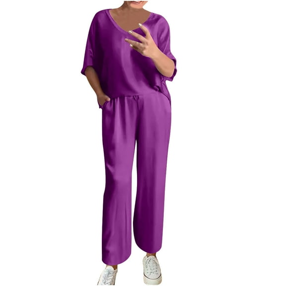 Fashion Plus Size Two Piece Sets For Women Summer Solid Color Round Neck Short Sleeve And Pants Sets With Pockets