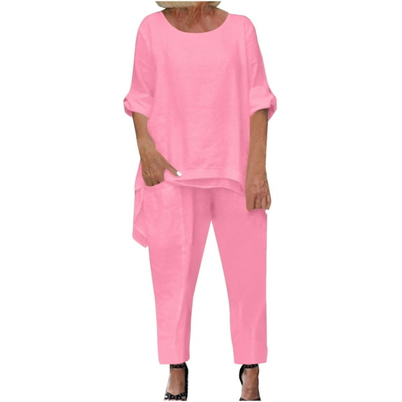 Fashion Plus Size Two Piece Sets For Women Summer Solid Color Round Neck Short Sleeve And Pants Sets With Pockets