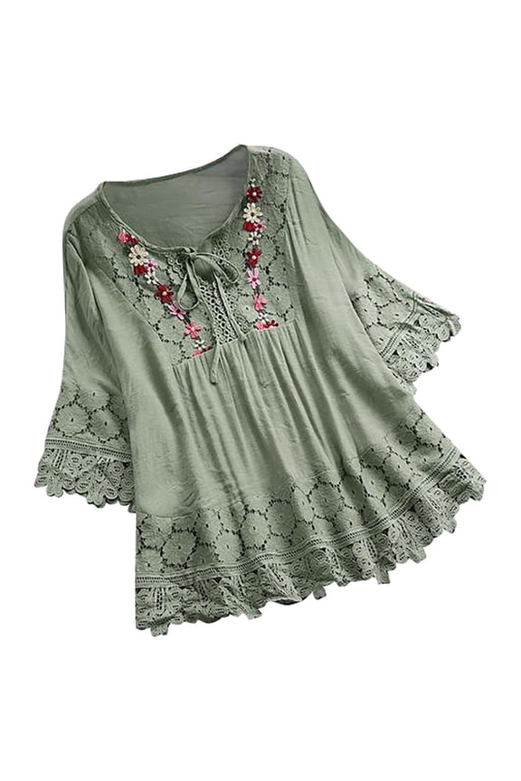 Summer Fashion Plus Size 3/4 Sleeve Tops for Women Vintage Lace Patchwork Bow V-Neck Blouses