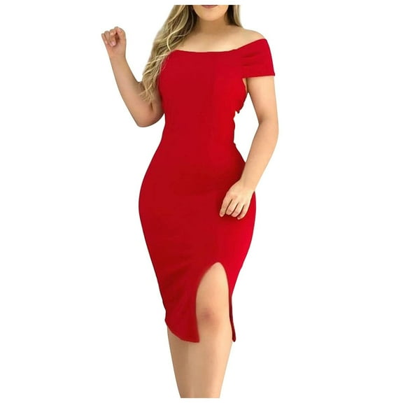 Summer Fashion Plus Size Dresses for Women Casual Sexy Bottom Slit BacklesOff Shoulder Solid Short Sleeve Buttockes
