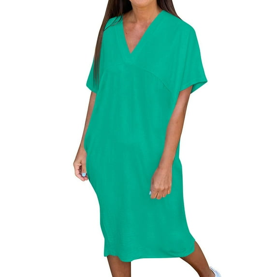 Summer Fashion Plus Size Dresses for Women Casual Solid Color V Neck Short-sleeved Casual