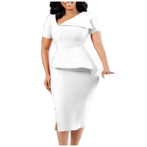Summer Fashion Plus Size Dresses for Women Color V Neck Temperament High Waisted Commuting Pencil