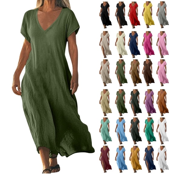 Summer Fashion Plus Size Dresses for Women Solid Color Cotton Linen Short Sleeved V-neck