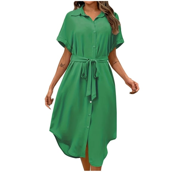 Summer Fashion Plus Size Dresses for Women Solid Color Tie Irregular Short Sleeve Turndown Collar