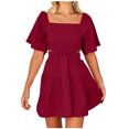 thumbnail image 1 of Summer Fashion Plus Size Dresses for Women Square-Neck Solid Casaul Short Sleeve Mini, 1 of 5