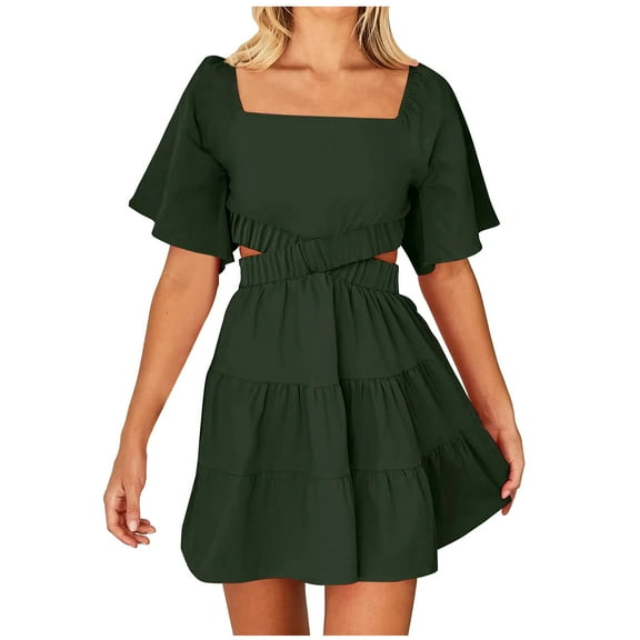 Summer Fashion Plus Size Dresses for Women Square-Neck Solid Casaul Short Sleeve Mini