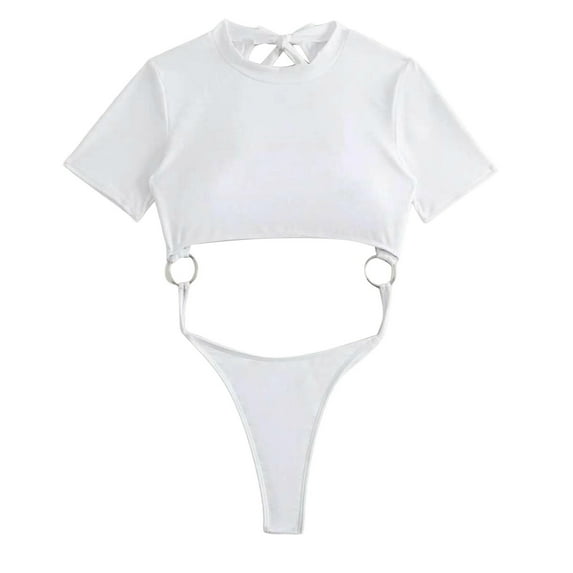 Summer Fashion Plus Size One Piece Swimsuit Women Solid Color Back Thong Jumpsuit Sexy Bikini