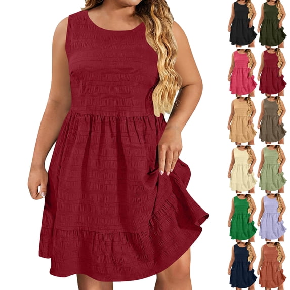 Summer Fashion Plus Size Spring Dresses for Women 2026 Casual Round Neck Sleeveless Solid Beach Boho