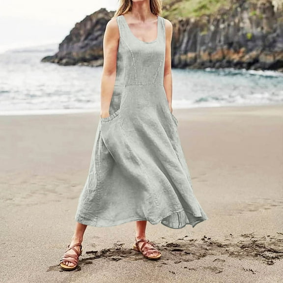 Summer Fashion Plus Size Spring Dresses for Women 2025 Casual Solid Color Sleeveless Round Neck Pocket