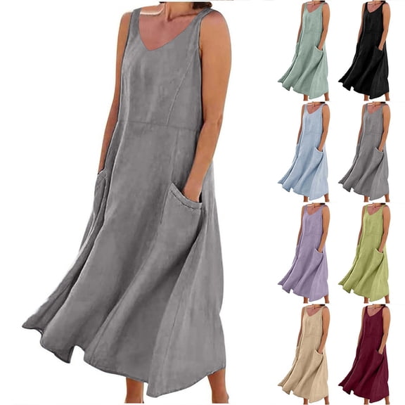 Summer Fashion Plus Size Spring Dresses for Women 2025 Cotton And Linen Long Sleeveless Solid Color With Pocket