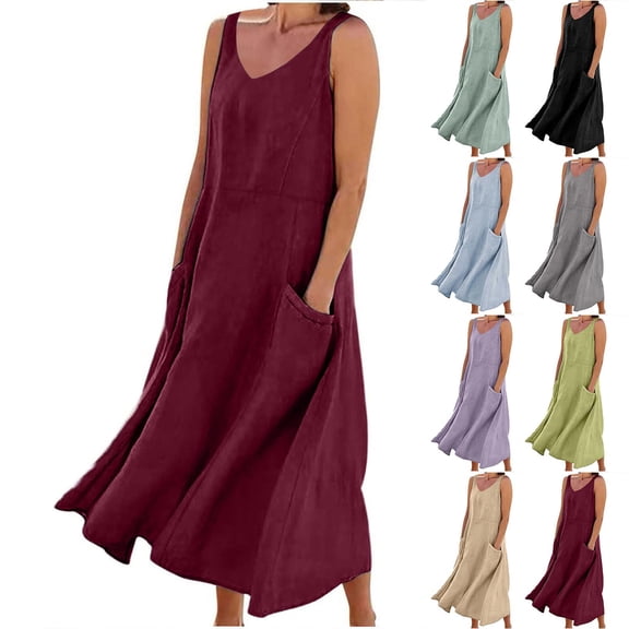 Summer Fashion Plus Size Spring Dresses for Women 2026 Cotton And Linen Long Sleeveless Solid Color With Pocket