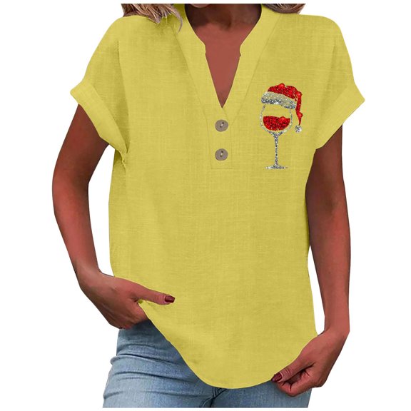 Summer Fashion Plus Size T-shirts for Women Solid Button Female Christmas Graphic Sweats Loose Blouse