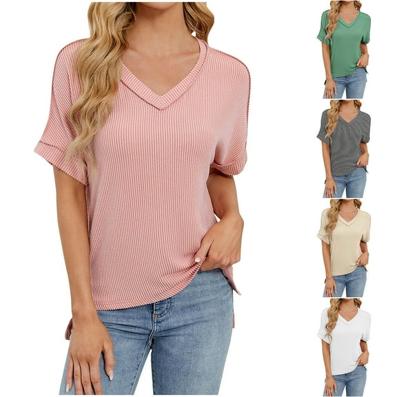 Summer Fashion Plus Size Tshirts for Women Solid Color V-neck Knitted Short Sleeved With A Slit At The Hem