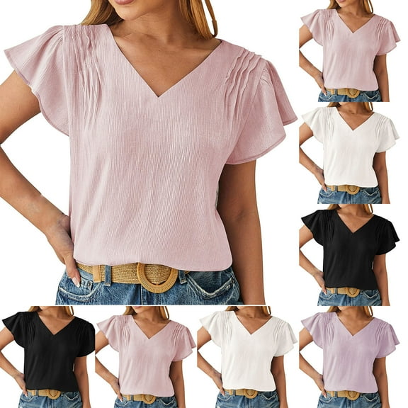 Summer Fashion Plus Size Tshirts for Women olid Color Chiffon Loose V-neck Pullover
