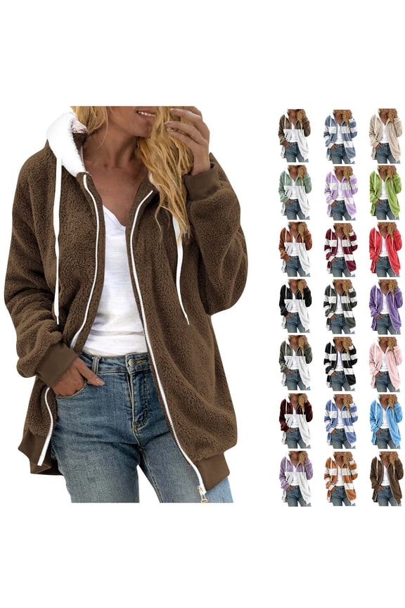 Women's Plus Size Hoodies Drawstring Hooded Sweatshirts for Woman Zipper V-Neck Long Sleeve Hooded Blouse Sweatshirt Brown S