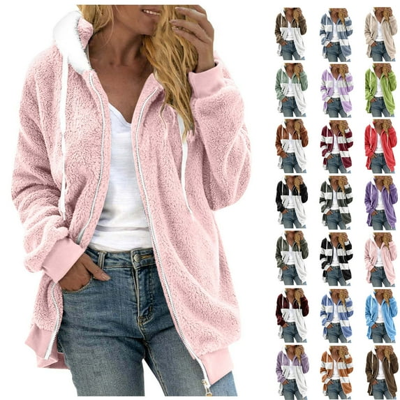 Women's Plus Size Hoodies Drawstring Hooded Sweatshirts for Woman Zipper V-Neck Long Sleeve Hooded Blouse Sweatshirt Pink S