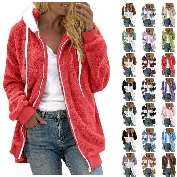 Women's Plus Size Hoodies Drawstring Hooded Sweatshirts for Woman Zipper V-Neck Long Sleeve Hooded Blouse Sweatshirt Red M