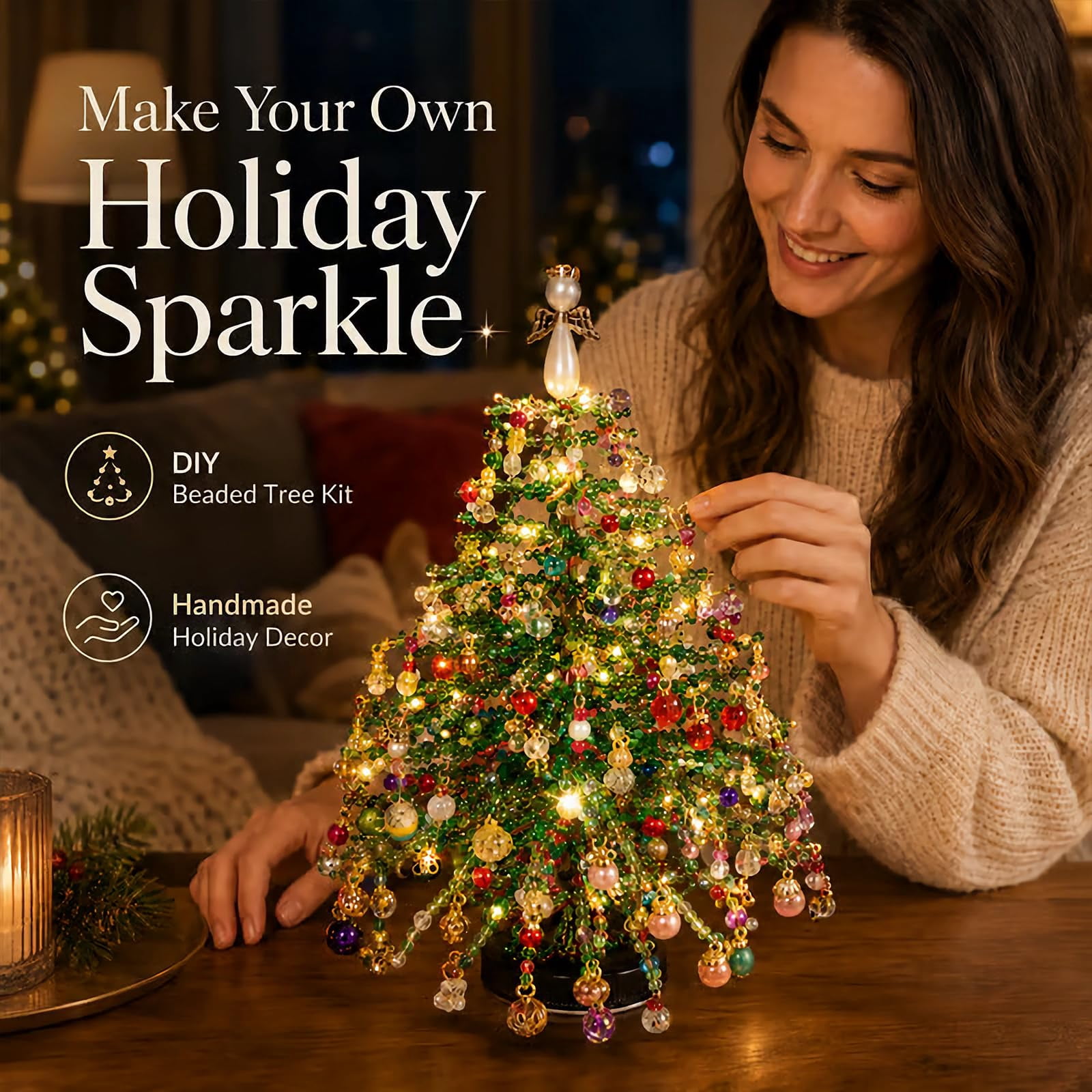 50% off DIY Beaded Christmas Tree Kit, Build Your Own Warm Glow Tabletop Mini Tree, All-Inclusive Handmade Beading Kit for Indoor Desktop