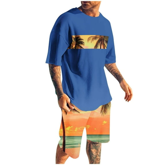 50% off Miqool Men's 2 Piece Vacation Beach Outfits Short Sleeve Tropical Print Hawaiian T Shirt and Shorts Set Summer Tracksuits