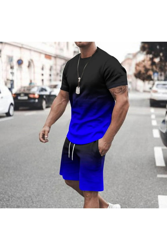 Men's Big & Tall Gradient Short Sets 2 Piece Outfits Summer Tracksuits Casual Short Sleeve T Shirt & Shorts with Pockets