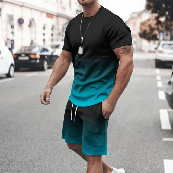 Miqool Men's Big & Tall Gradient Short Sets 2 Piece Outfits Summer Tracksuits Casual Short Sleeve T Shirt & Shorts with Pockets
