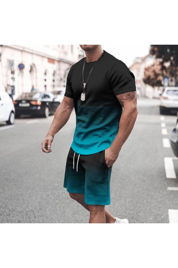 Men's Big & Tall Gradient Short Sets 2 Piece Outfits Summer Tracksuits Casual Short Sleeve T Shirt & Shorts with Pockets