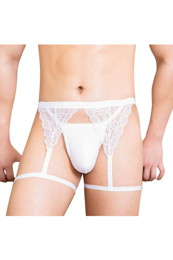 50% off Miqool Mens Floral Lace G-String Thong with Garter, Semi Sheer Panties Bulge Pouch Underwear Breathable Bikini Briefs Underpants