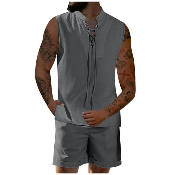 Miqool Mens Summer Beach Outfits 2 Piece Shorts Sets Sleeveless Lace-Up Shirts and Shorts Set Sweatsuit Track Suits with Pockets