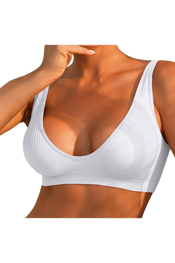 Women's Ribbed Seamless Bras Deep V Plunge Wireless Bras Comfortable Wire Free Sleeping Bralettes Everyday Bras with Soft Support