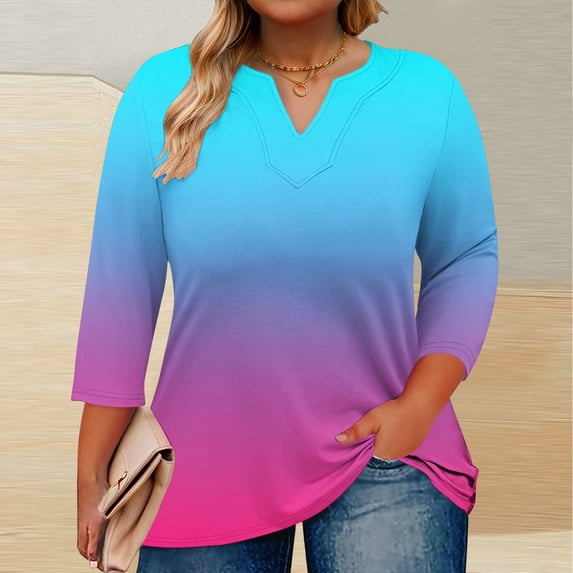 Rciityk 3/4 Length Sleeve Womens Tops Casual V Neck T Shirts Blouses Trendy Large Gradient Print Pullover Tunic Tops Fall Summer Clothes