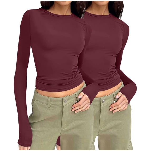 Rciityk Long Sleeve Shirts for Women 2PC Fall Fashion Casual Crew Neck Basic Tees Underscrubs Tops Slim Pullover T Shirt Going Out Spring Clothes Wine L