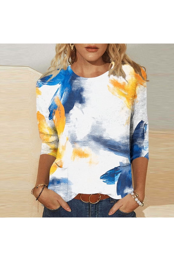 White 3/4 Length Sleeve Womens Tops Casual Loose Round Neck Pullover Tunic Tops Summer Vintage Print Ladies Blouses with Pockets