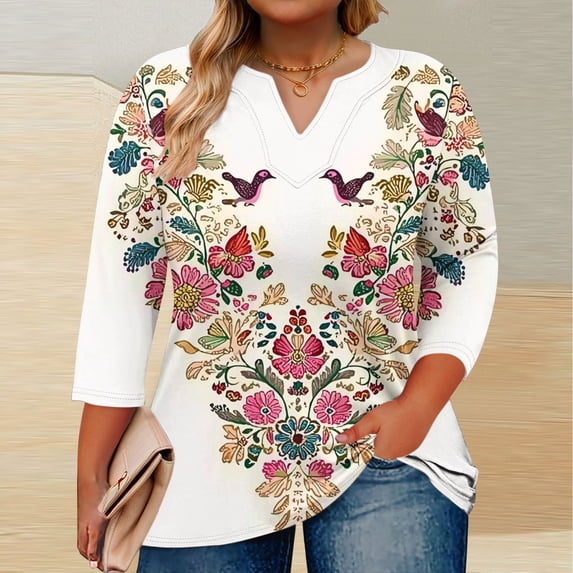 Rciityk White 3/4 Length Sleeve Womens Tops Casual V Neck T Shirts Blouses Trendy Large Floral Print Pullover Tunic Tops Fall Summer Clothes