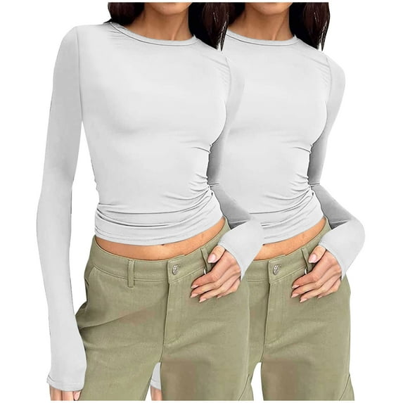 Rciityk White Long Sleeve Shirts for Women 2PC Fall Fashion Casual Crew Neck Basic Tees Underscrubs Tops Slim Pullover T Shirt Going Out Spring Clothes