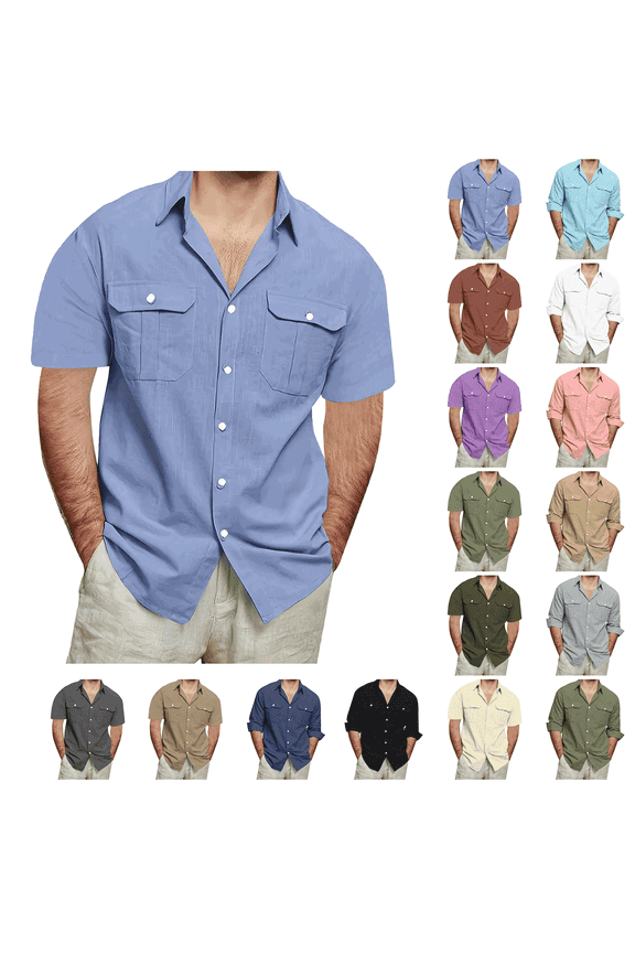 Up to 50% off! Titcea Linen Shirts for Men(M-5XL) Solid Color Buttons Lapel Short Sleeve Shirts with Pockets Comfort Breathable Summer Casual Hawaiian Vacation Beach Shirts
