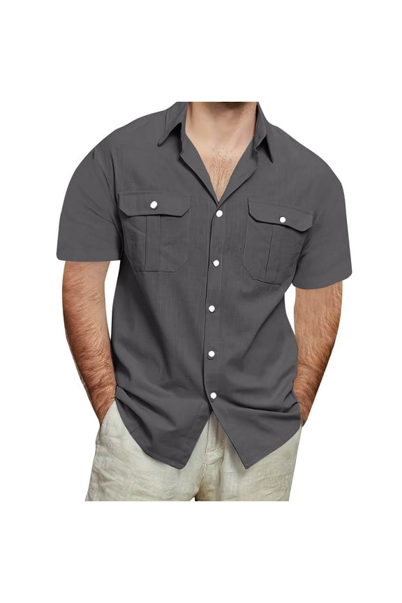 Up to 50% off! Titcea Linen Shirts for Men(M-5XL) Solid Color Buttons Lapel Short Sleeve Shirts with Pockets Comfort Breathable Summer Casual Hawaiian Vacation Beach Shirts