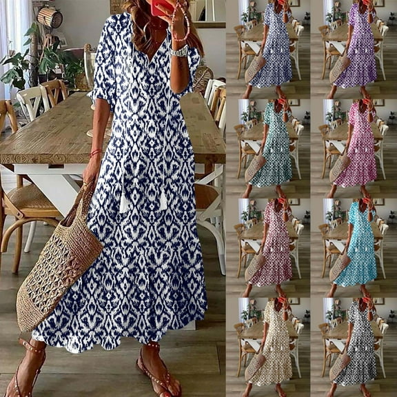 Up to 50% off! Titcea Maxi Dresses for Women 2025(S-3XL), V Neck Short Sleeve Drawstring Fashion Print Beach Dress Hawaiian Vacation Summer Casual Flowy Long Dresses