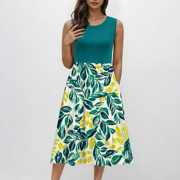 Up to 50% off! Titcea Tank Midi Dress Sleeveless A-Line Ruffled Hem Sundress with Pockets Floral Print Crew Neck Casual Dress Flowy Summer Beach Dress