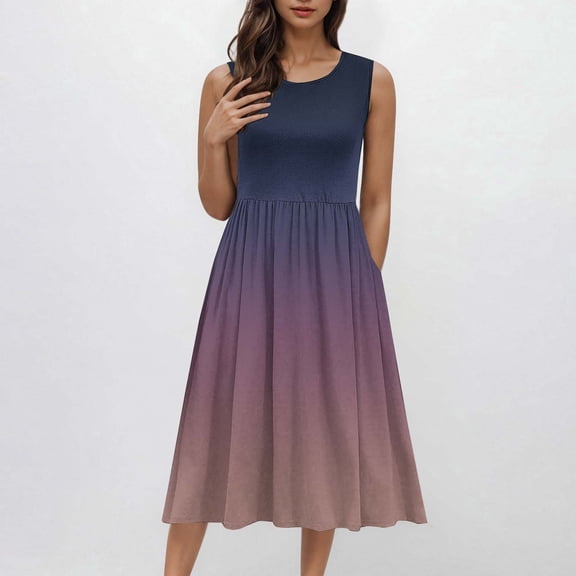 Up to 50% off! Titcea Tank Midi Dress Sleeveless A-Line Ruffled Hem Sundress with Pockets Gradient Print Crew Neck Casual Dress Flowy Summer Beach Dress