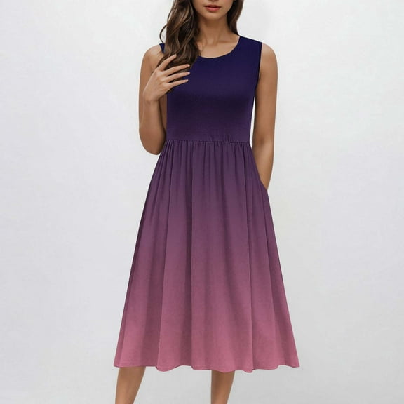 Up to 50% off! Titcea Tank Midi Dress Sleeveless A-Line Ruffled Hem Sundress with Pockets Gradient Print Crew Neck Casual Dress Flowy Summer Beach Dress