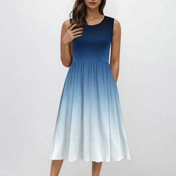 Up to 50% off! Titcea Tank Midi Dress Sleeveless A-Line Ruffled Hem Sundress with Pockets Gradient Print Crew Neck Casual Dress Flowy Summer Beach Dress
