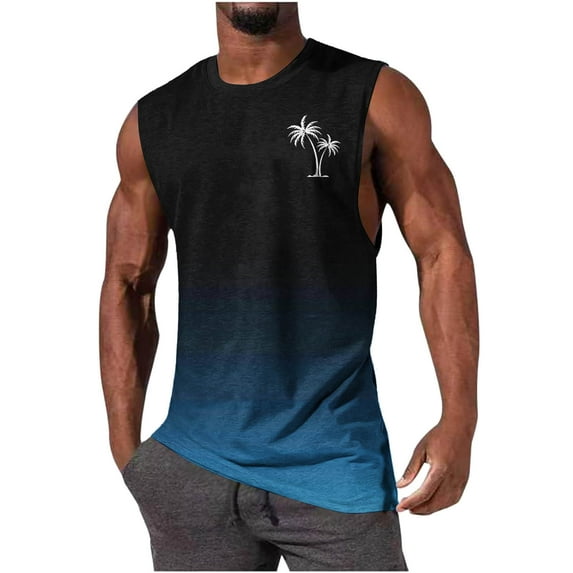Up to 50% off! Titcea Tank Tops Men Palm Tree Gradient Print Crew Neck Sleeveless T Shirts Running Workout Hawaiian Beach Vacation Summer Casual Shirts