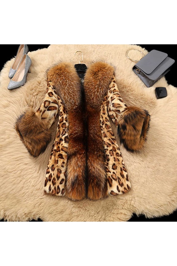 50% off Walmart+ Azrian Winter Coat,Women Faux Furs Collar Classic Leopard Medium Long Winter Coat,Jacket Christmas Clearance/Brown