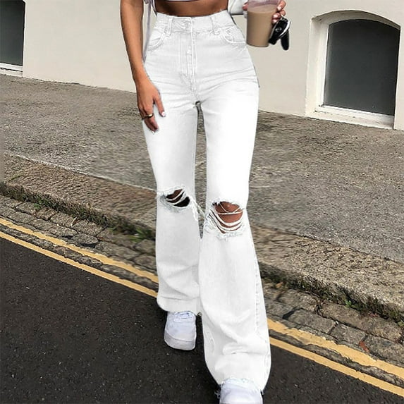 50% off Walmart+ HWRETIE Women Jeans Women's Fashion Casual Loose Washed Denim Ripped Jean,Solid Stretch Slim Pant/White 12(2Xl)
