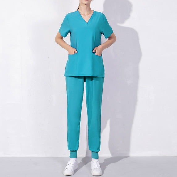 HWRETIE Solid Color Nursing Uniform with Utility Pockets Women's Short-Sleeved Solid Color Pocket V-Neck Nurse Suit V-Neck Casual Blouse
