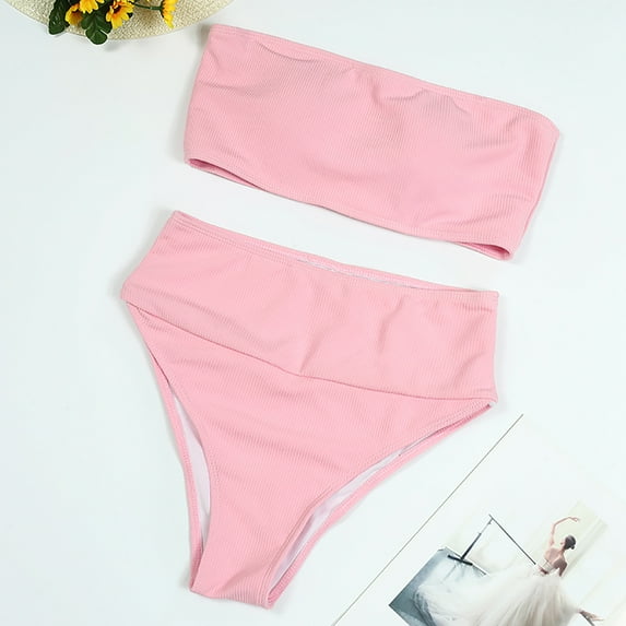 LoyisViDion Womens Plus Size Swimsuit,Women's Fashion Solid Color Tube Tops,exy Strappy Bikini Swimsuit /Pink 8(L)