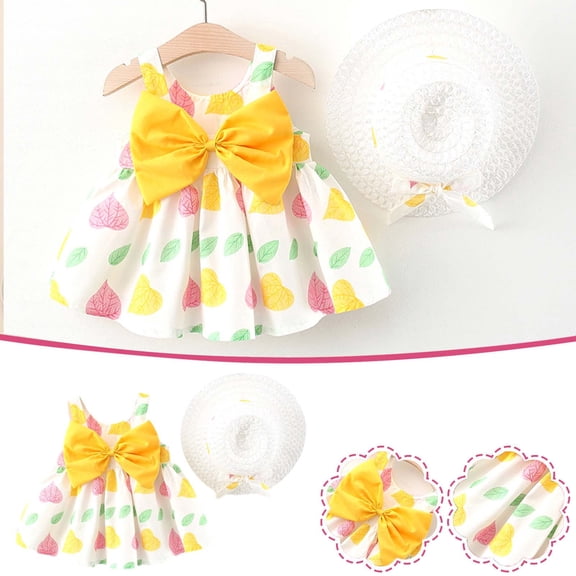 Lulshou Baby Girls Dress,Toddler Child Baby Girl Summer Bow Print Suspender Dress with Hat Multicolor 1-2Years