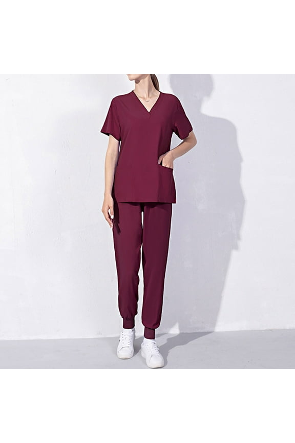 Solid Color Nursing Uniform with Utility Pockets Women's Short-Sleeved Solid Color Pocket V-Neck Nurse Suit V-Neck Casual Blouse