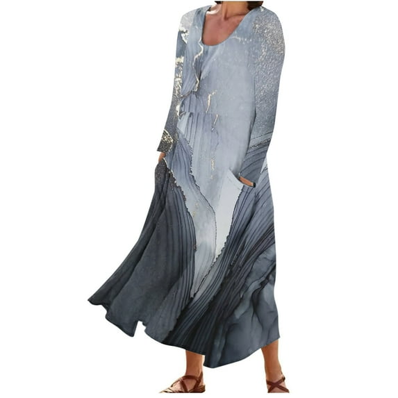 Up to 50% off!pstuiky Dresses for Women, Women Cotton and Linen Dress Long Sleeve Crew Neck Dress Printed Dress and Ankle Dress Casual Holiday Dress with Pockets Leisure Gray XXL